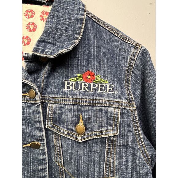 Burpees Denim Jacket Womens Medium Trucker Jean button front floral lined pocket - Picture 4 of 6